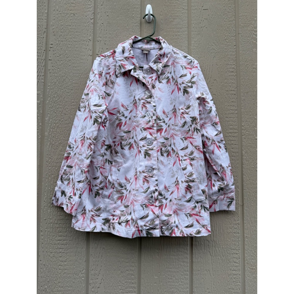 Chicos 2 Jacket Botanical Leaf Print Cotton Blend Button Front Blazer